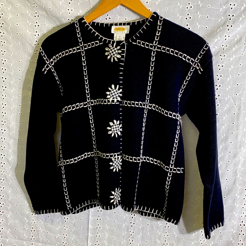 Talbots Petites - Black & White Embroidered Cardigan with Flowers -Small/Petite